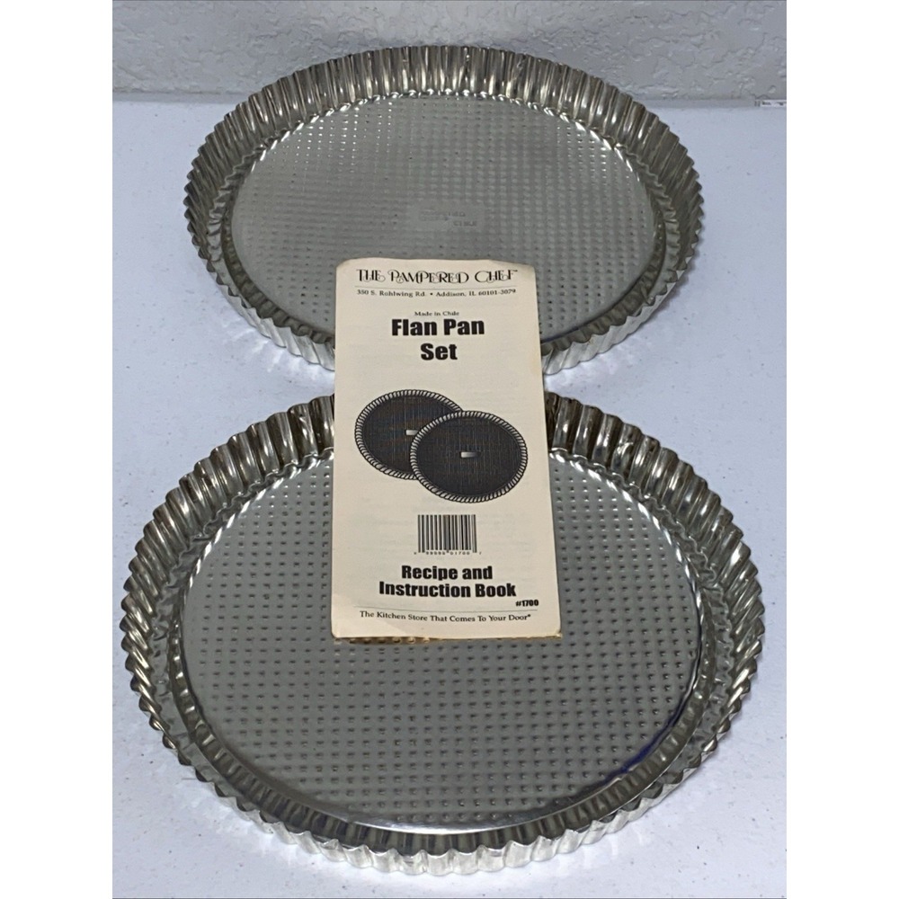 VTG The Pampered Chef Flan Pan Set Two 10" Tin Steel Tinned Pie Tart Plate #1700